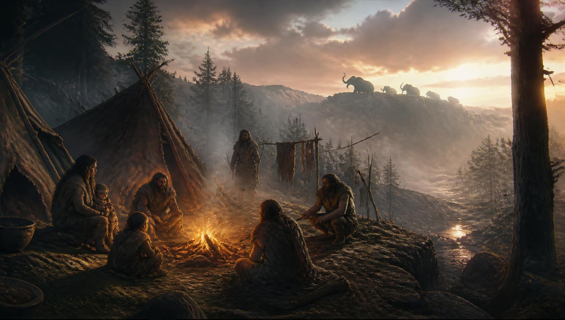 Ronoplex Stone Age civilization artwork with a camp and wilderness